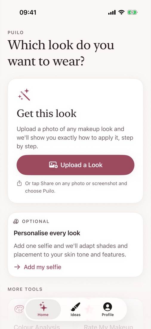 Puilo home screen asking which look you want to wear, with an Upload a Look button