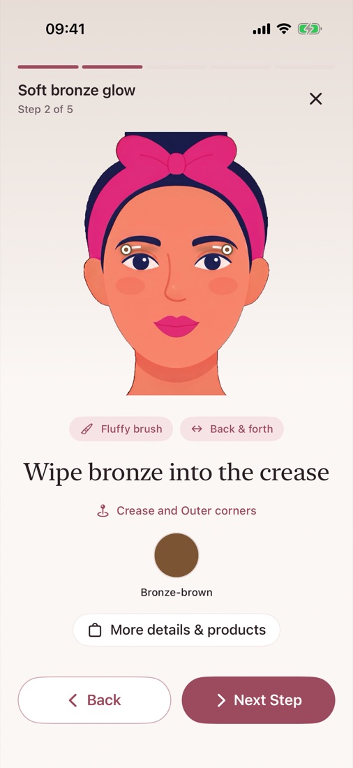 Step 2 of a tutorial: wipe bronze into the crease, with the eye area marked on the face diagram